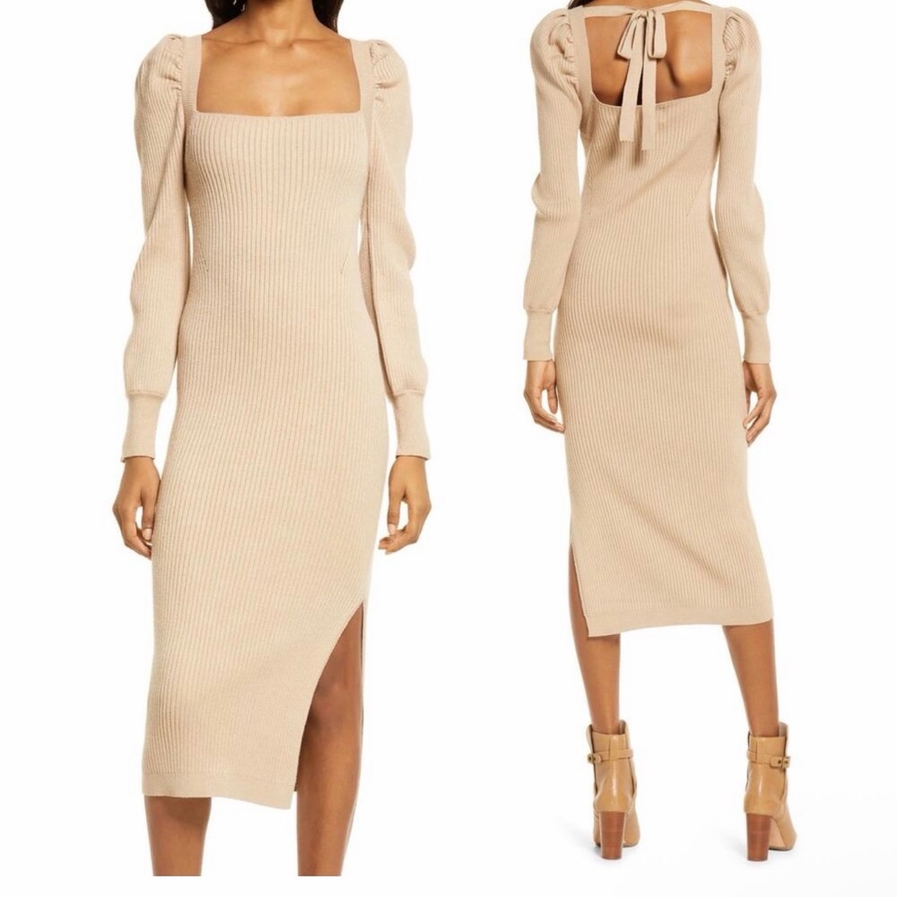 Charles Henry Beige Long Sleeve Dress